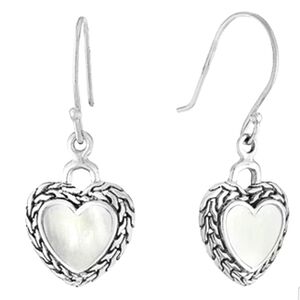 Bali Inspired Genuine White Mother Of Pearl Sterling Silver Heart Drop Earrings